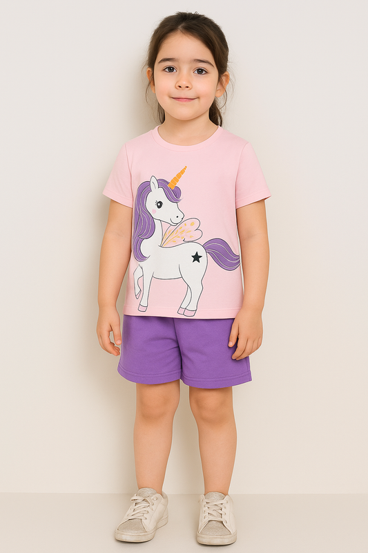 Pink Purple Unicorn Print Short-sleeve Tee & Shorts Set