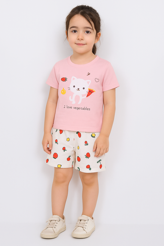 Cute Pink Cat & Veggie Print Toddler Outfit – 2-Piece Set