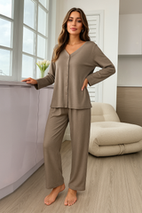 V-Neck Button Women Night Suit PJ Set