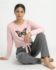Women Premium 2 Piece Lounge Set | Rainbow Butterfly - Pink & Grey