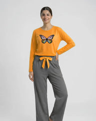 Women Premium 2 Piece Lounge Set | Rainbow Butterfly - Yellow & Grey