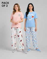 Pack Of 2 Women Pajama Set | Rosy Blossom, Azure Heart