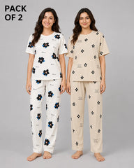 Pack Of 2 Women Pajama Set | Blue Black Petal, Moonlight Blossom