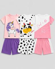 Pack Of 3 Kids Short Set | Pink Unicorn, Cow & Pink Daddy
