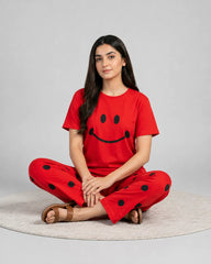 Smile Printed Nightsuit - Red