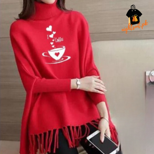 Red I Love Coffee Printed Poncho