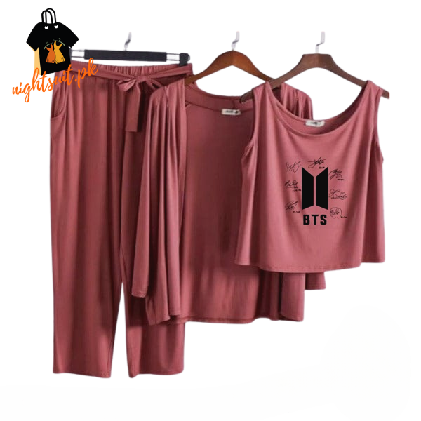 Brown BTS Women Night Suit PJ 3 Pieces Set nightsuit.pk