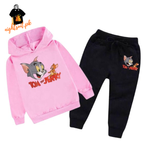 Pink Tom And Jerry Printed Kids Hoodie Set
