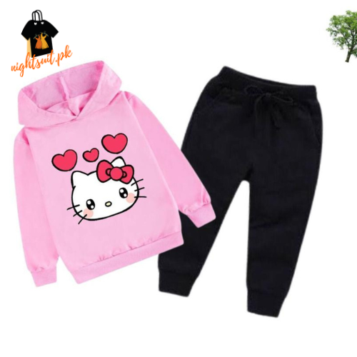 Pink Kitty Printed Kids Hoodie Set