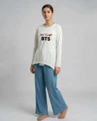 Women Premium 2 Piece Lounge Set | BTS + Cartoons - White & Blue