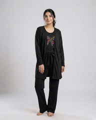 Women 3 Pieces Night Suit - Colored Butterfly | Black