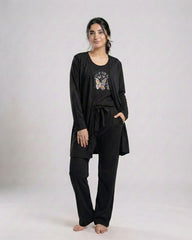 Women 3 Pieces Night Suit - Never Give Up | Black