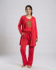 Women's 3 Pieces Night Suit - Multi Pattern | Red