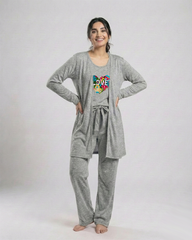 Women 3 Pieces Night Suit - Love Color | Grey