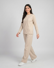 Women Button Style 2 Piece Lounge Wear - Beige