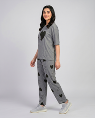 Grey Heart Print Pajama Set – Soft Lounge & Sleepwear