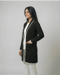 Black Front Open Long Coat Dual Pockets Jacket