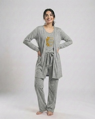 Women 3 Pieces Night Suit - Sun Roses | Grey