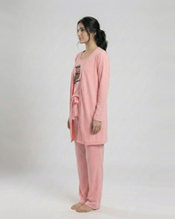 Women 3 Pieces Night Suit - Owl | Baby Pink