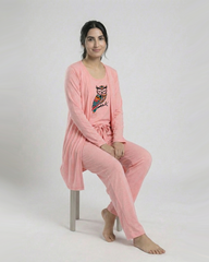 Women 3 Pieces Night Suit - Owl | Baby Pink