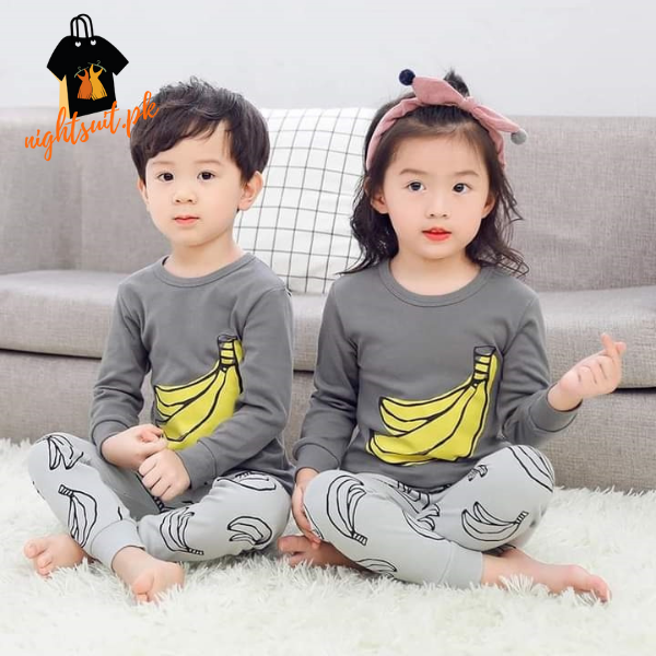 Grey and Yellow Banana Print Kids Wear nightsuit.pk