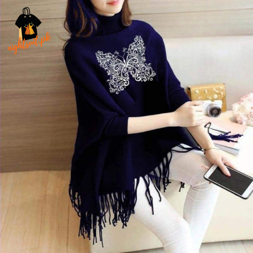 Navy Blue Butterfly Printed Poncho