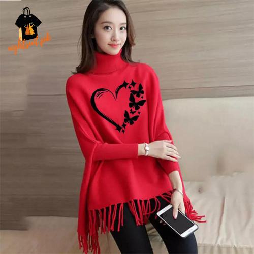 Red Love Butterfly Printed Poncho