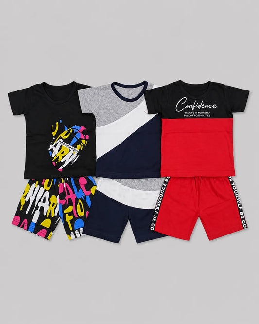 Pack Of 3 Kids Short Set | Black Urban, Blue Block & Red Confidence
