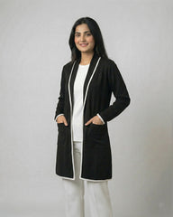 Black Front Open Long Coat Dual Pockets Jacket