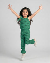 Girls Green Polka Dot Sleeveless Jumpsuit