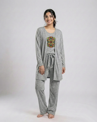 Women 3 Pieces Night Suit - Multi Pattern | Grey