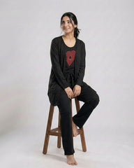 Women 3 Pieces Night Suit - Geometrical | Black