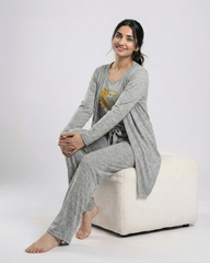 Women 3 Pieces Night Suit - Sun Roses | Grey