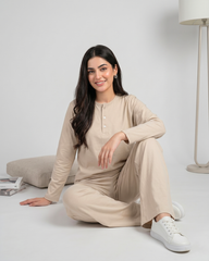 Women Button Style 2 Piece Lounge Wear - Beige