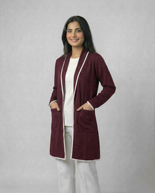 Maroon Front Open Long Coat Dual Pockets Jacket