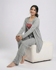 Women 3 Pieces Night Suit - Geometrical | Grey