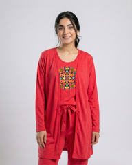 Women's 3 Pieces Night Suit - Multi Pattern | Red