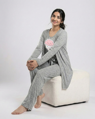 Women 3 Pieces Night Suit - Pink Cloud | Grey