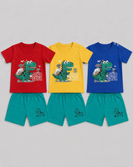 Pack Of 3 Kids Volcano Dino Short Set | Red, Yellow & Blue