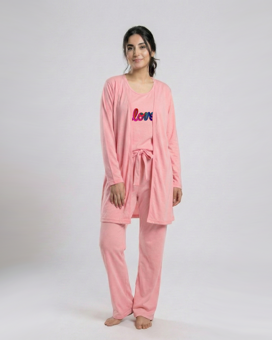 Women 3 Pieces Night Suit - Multi Love | Baby Pink