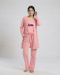 Women 3 Pieces Night Suit - Multi Love | Baby Pink