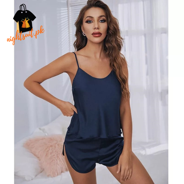 Navy Blue Women Satin Pajamas Sets Short Sling Top with Cami Shorts –