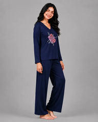 Women V-Neck Lounge Wear | Flower - Navy Blue