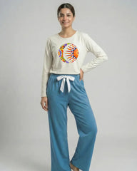 Women Premium 2 Piece Lounge Set | Moon & Sun - White & Blue