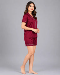 Women Silk 2 Piece Short Set - Maroon