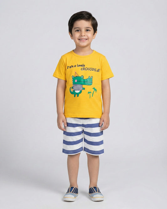 Crocodile Print T-Shirt & Striped Shorts Set for Toddlers