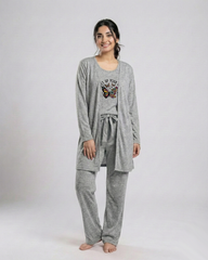Women 3 Pieces Night Suit - Never Give Up | Grey