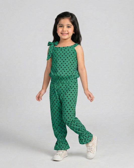 Girls Green Polka Dot Sleeveless Jumpsuit