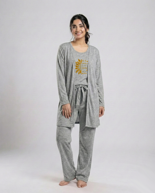 Women 3 Pieces Night Suit - Sun Roses | Grey