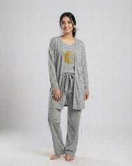 Women 3 Pieces Night Suit - Sun Roses | Grey